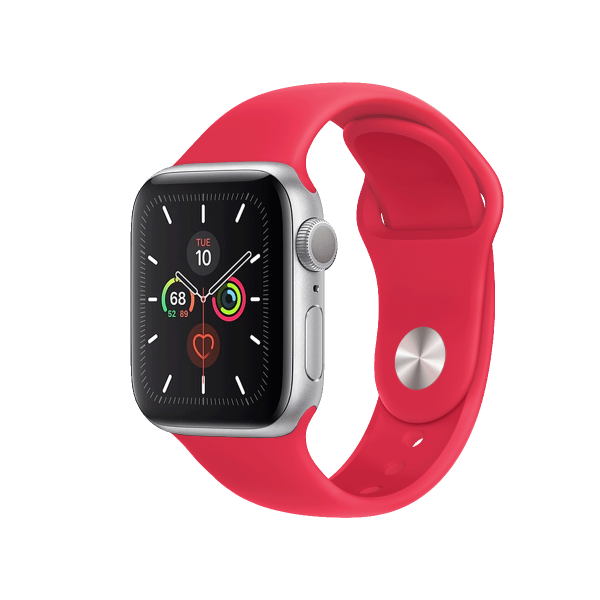 Refurbished Apple Watch Serie 5 | 40mm | Aluminium Silber | Rötes Sportarmband | GPS | WiFi + 4G