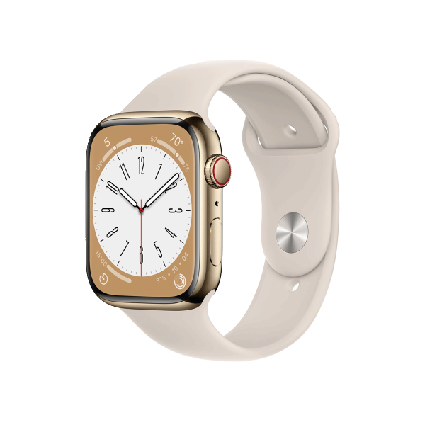 Refurbished Apple Watch Serie 8 | 45mm | Stainless Steel Gold | Starlight Weißes Sportarmband | GPS | WiFi + 4G